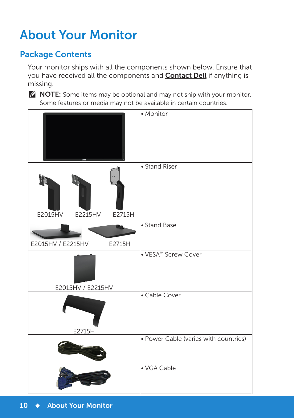 About your monitor, Package contents | Dell E2215HV Monitor User Manual | Page 10 / 82