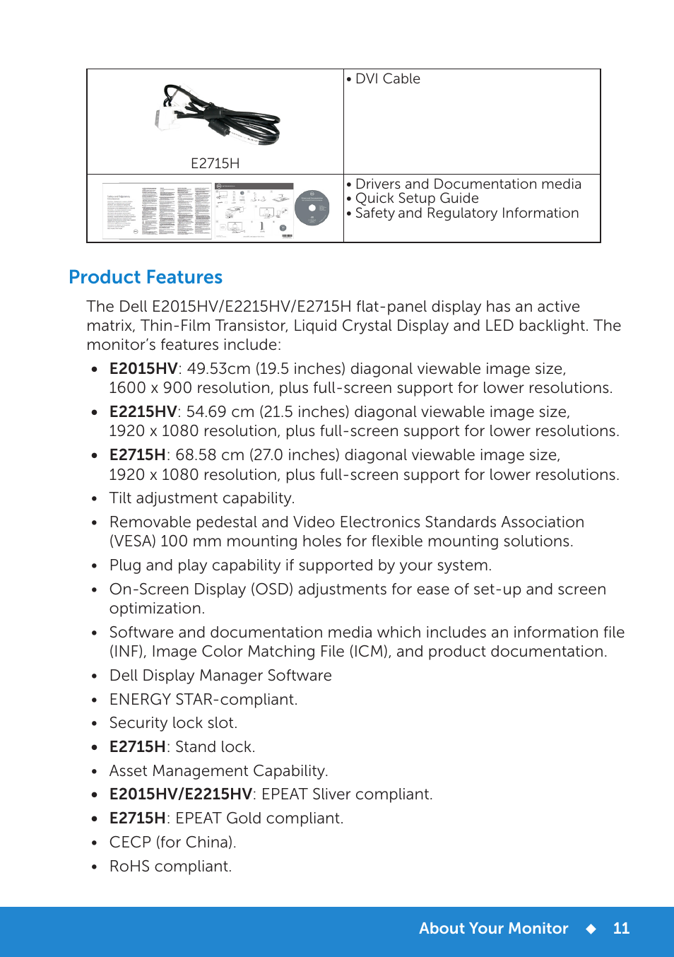 Product features | Dell E2215HV Monitor User Manual | Page 11 / 82