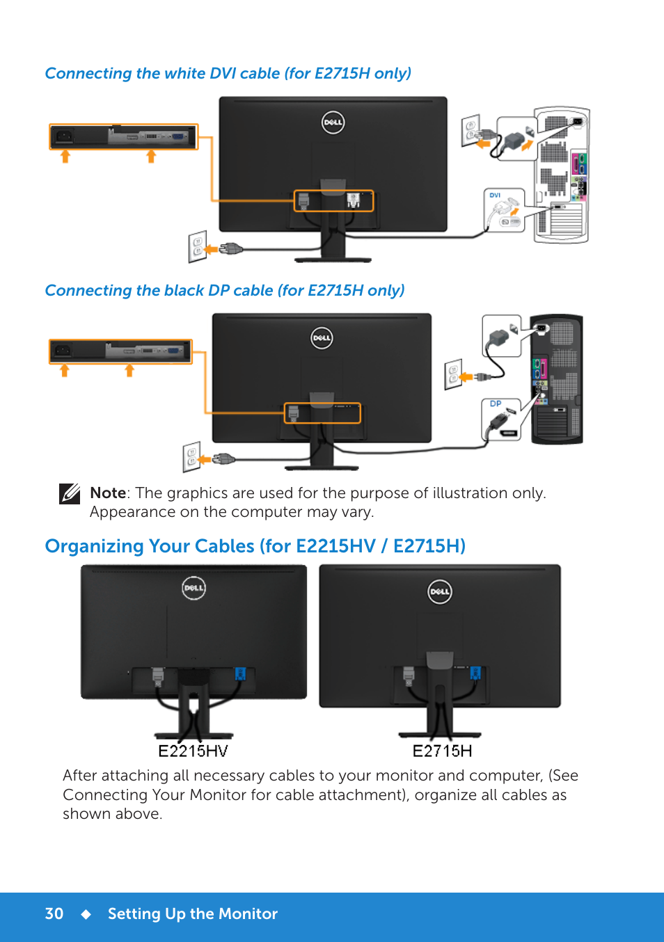 Connecting the white dp cable (for e2715h only), Organizing your cables, Attaching the cable cover (for only e2715h) | Dell E2215HV Monitor User Manual | Page 30 / 82