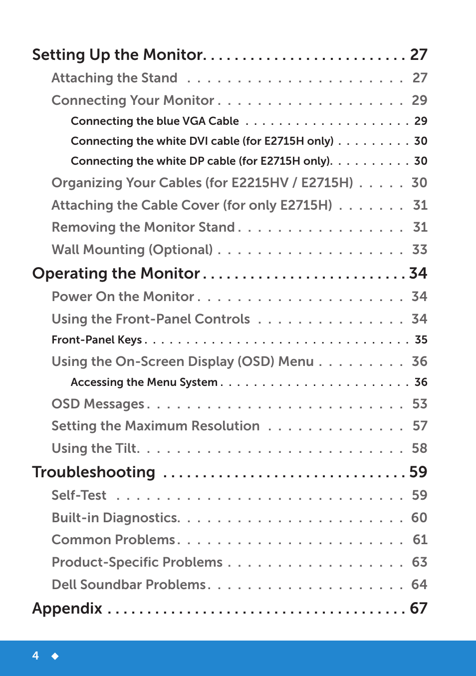 Setting up the monitor, Operating the monitor, Troubleshooting | Appendix | Dell E2215HV Monitor User Manual | Page 4 / 82