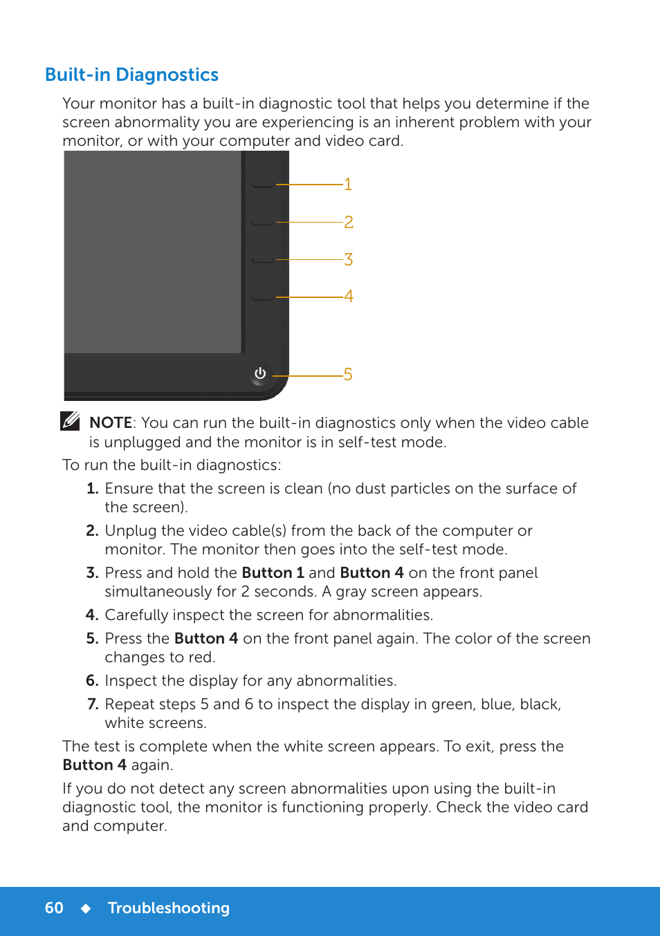 Built-in diagnostics | Dell E2215HV Monitor User Manual | Page 60 / 82