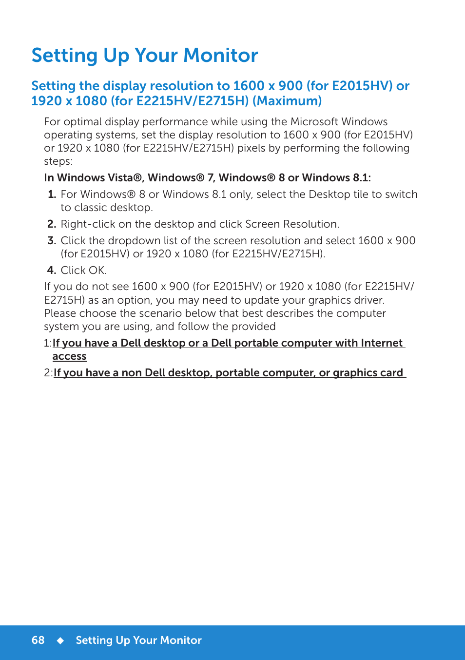 Setting up your monitor | Dell E2215HV Monitor User Manual | Page 68 / 82