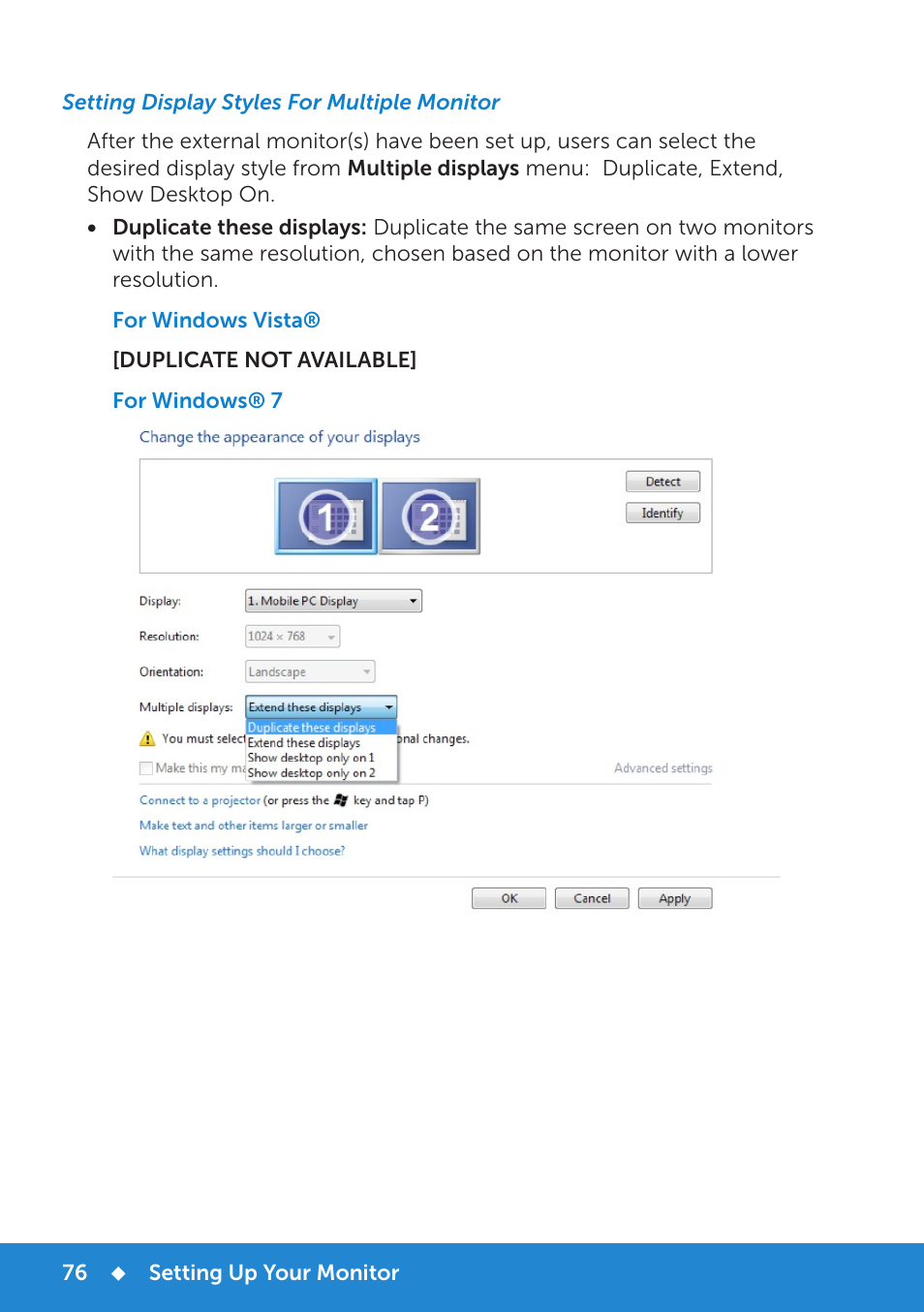 Setting display styles for multiple monitor | Dell E2215HV Monitor User Manual | Page 76 / 82