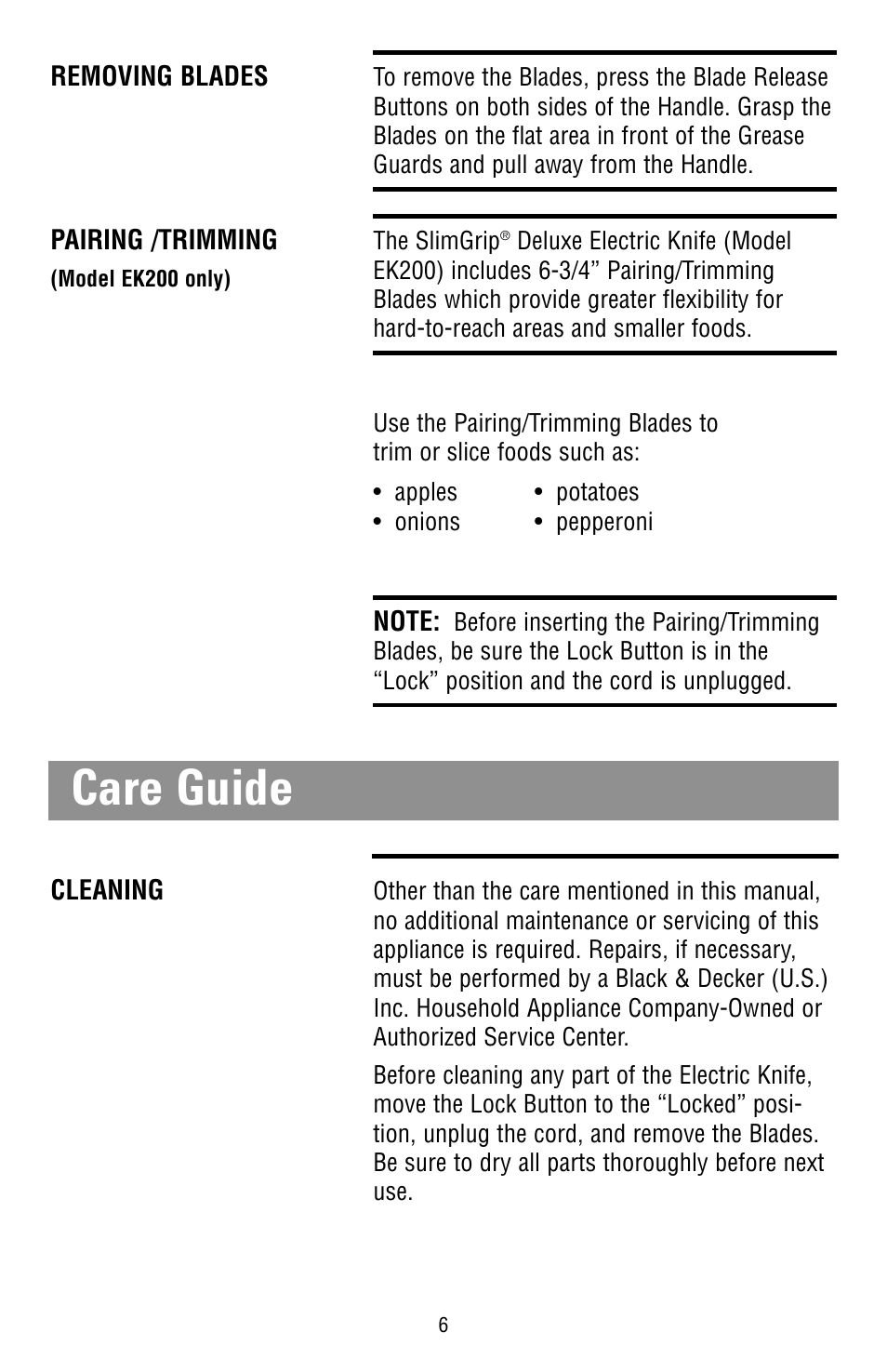 Care guide | Black & Decker EK100 User Manual | Page 3 / 5