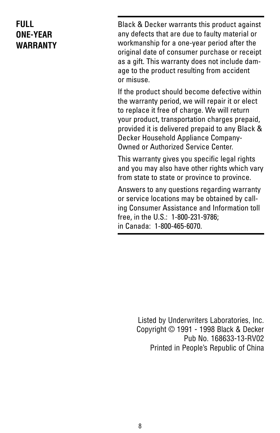 Warranty | Black & Decker EK100 User Manual | Page 5 / 5