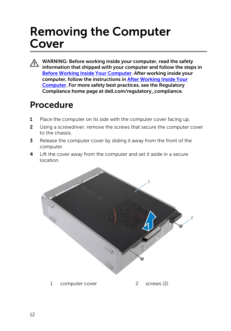 Removing the computer cover, Procedure | Dell Inspiron Small Desktop (3646, Mid 2014) User Manual | Page 12 / 57