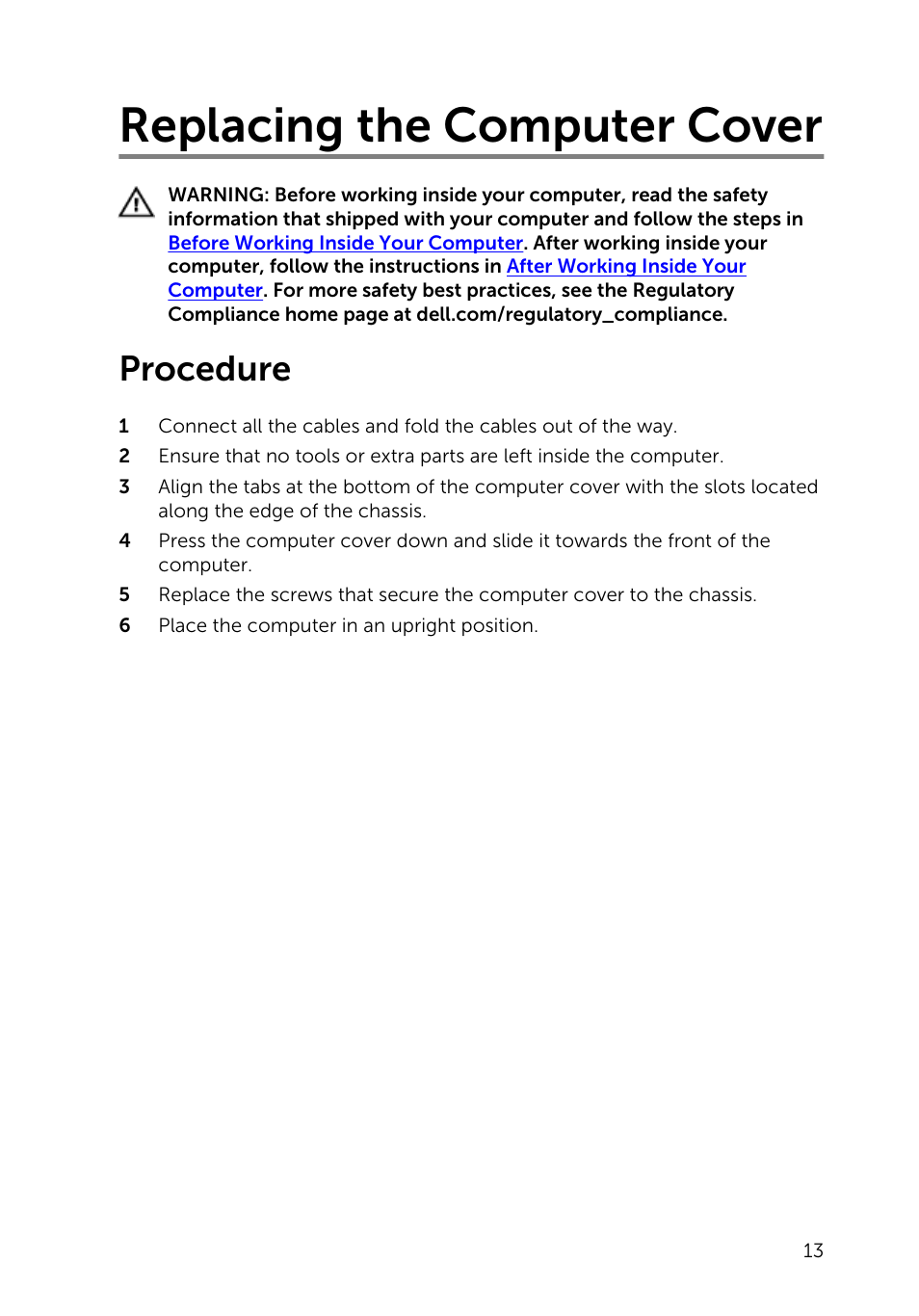 Replacing the computer cover, Procedure | Dell Inspiron Small Desktop (3646, Mid 2014) User Manual | Page 13 / 57