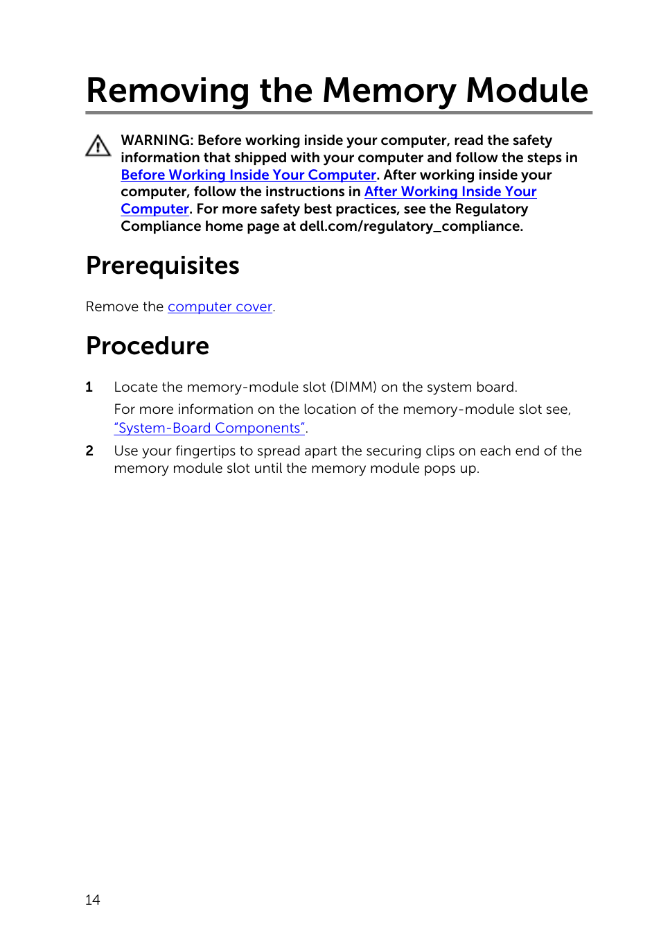 Removing the memory module, Prerequisites, Procedure | Dell Inspiron Small Desktop (3646, Mid 2014) User Manual | Page 14 / 57