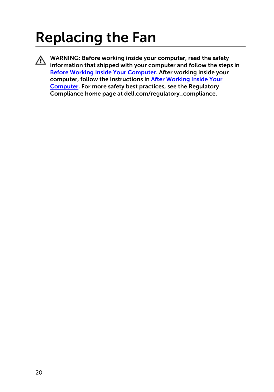 Replacing the fan | Dell Inspiron Small Desktop (3646, Mid 2014) User Manual | Page 20 / 57