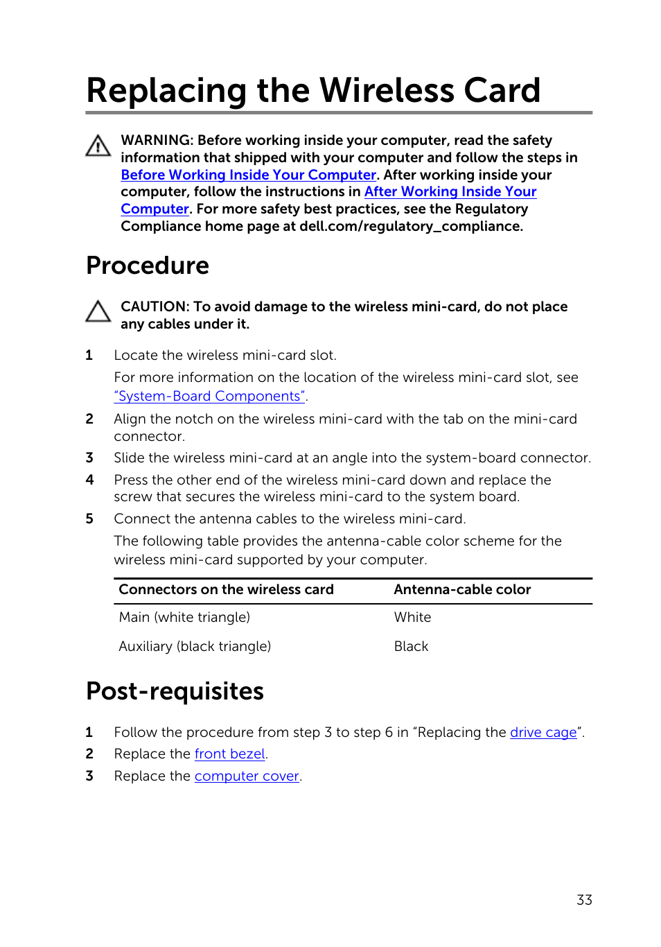 Replacing the wireless card, Procedure, Post-requisites | Dell Inspiron Small Desktop (3646, Mid 2014) User Manual | Page 33 / 57