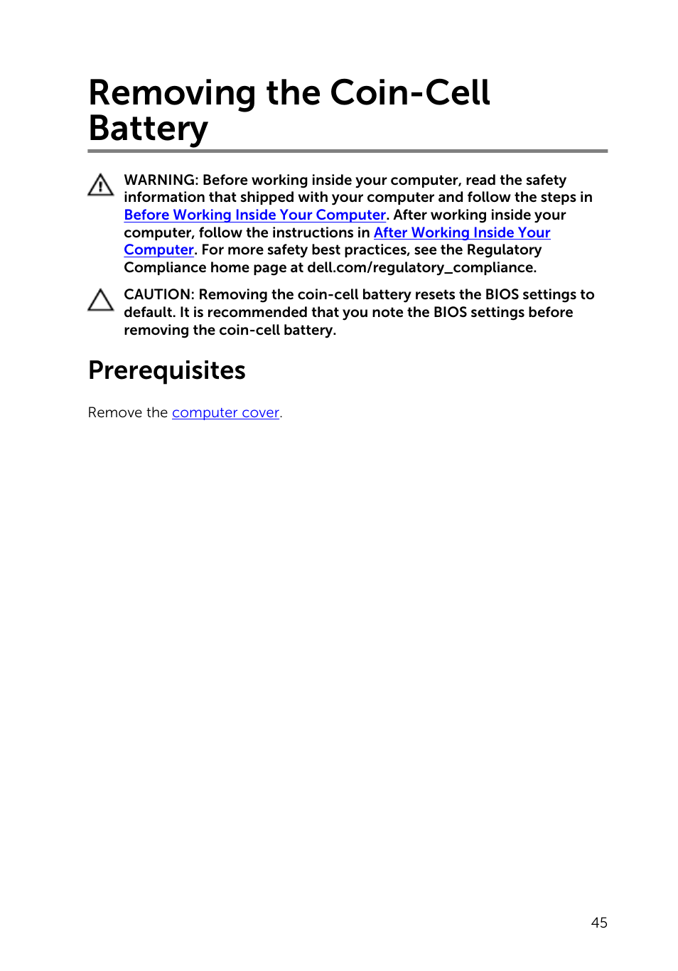 Removing the coin-cell battery, Prerequisites | Dell Inspiron Small Desktop (3646, Mid 2014) User Manual | Page 45 / 57