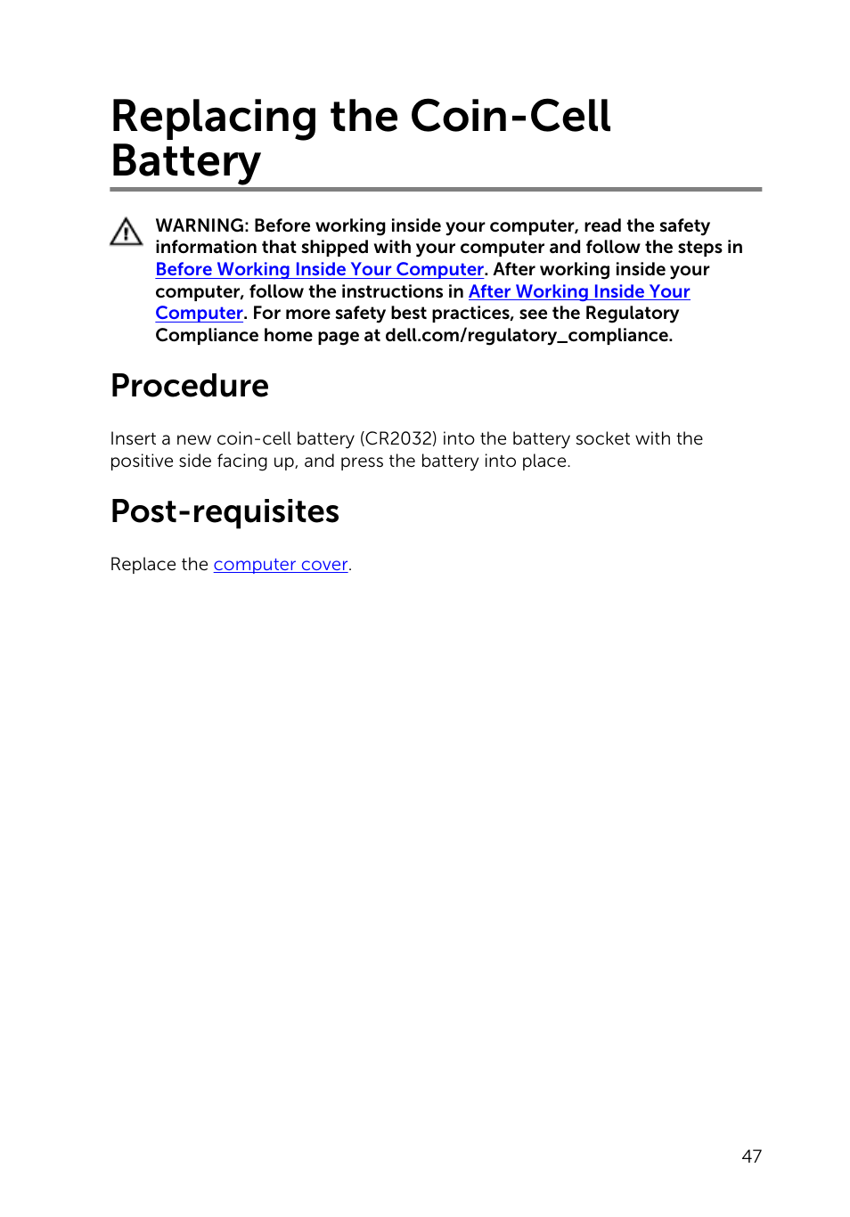 Replacing the coin-cell battery, Procedure, Post-requisites | Dell Inspiron Small Desktop (3646, Mid 2014) User Manual | Page 47 / 57