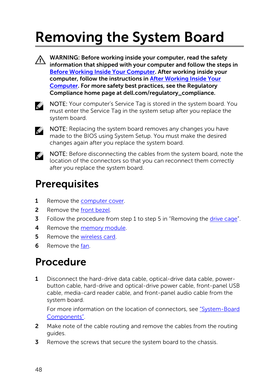 Removing the system board, Prerequisites, Procedure | Dell Inspiron Small Desktop (3646, Mid 2014) User Manual | Page 48 / 57