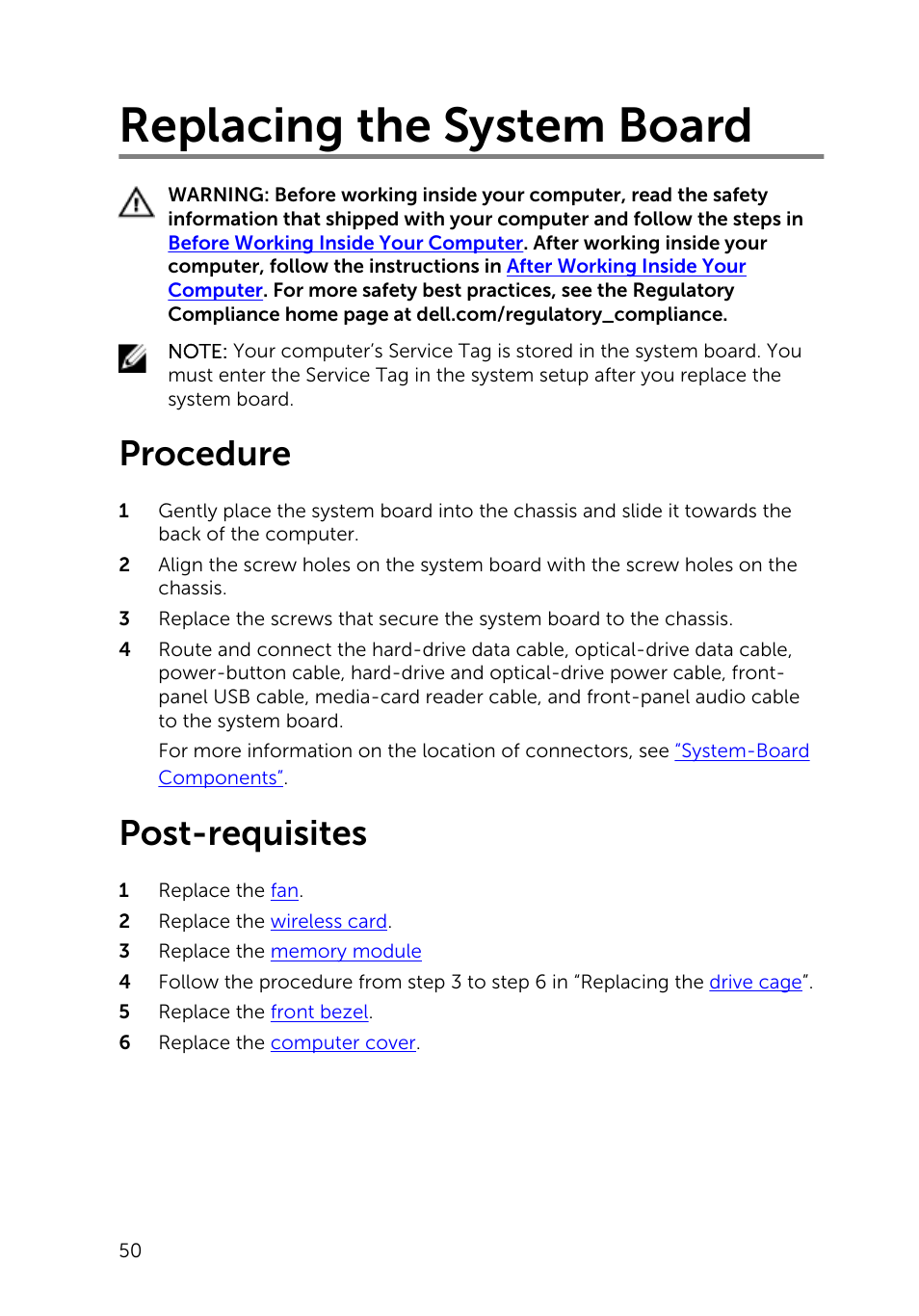 Replacing the system board, Procedure, Post-requisites | Dell Inspiron Small Desktop (3646, Mid 2014) User Manual | Page 50 / 57
