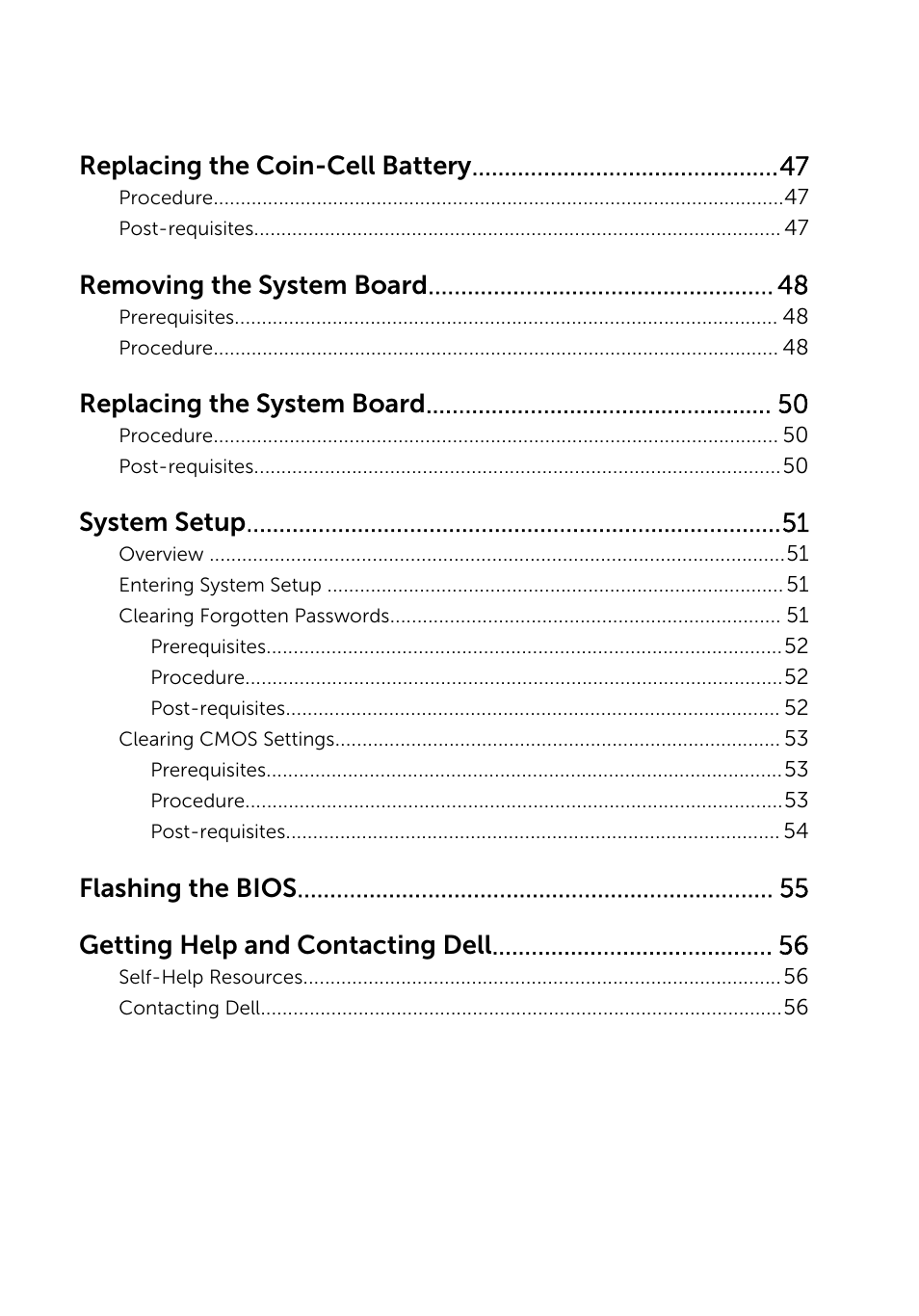 Replacing the coin-cell battery, Removing the system board, Replacing the system board | System setup, Flashing the bios getting help and contacting dell | Dell Inspiron Small Desktop (3646, Mid 2014) User Manual | Page 6 / 57