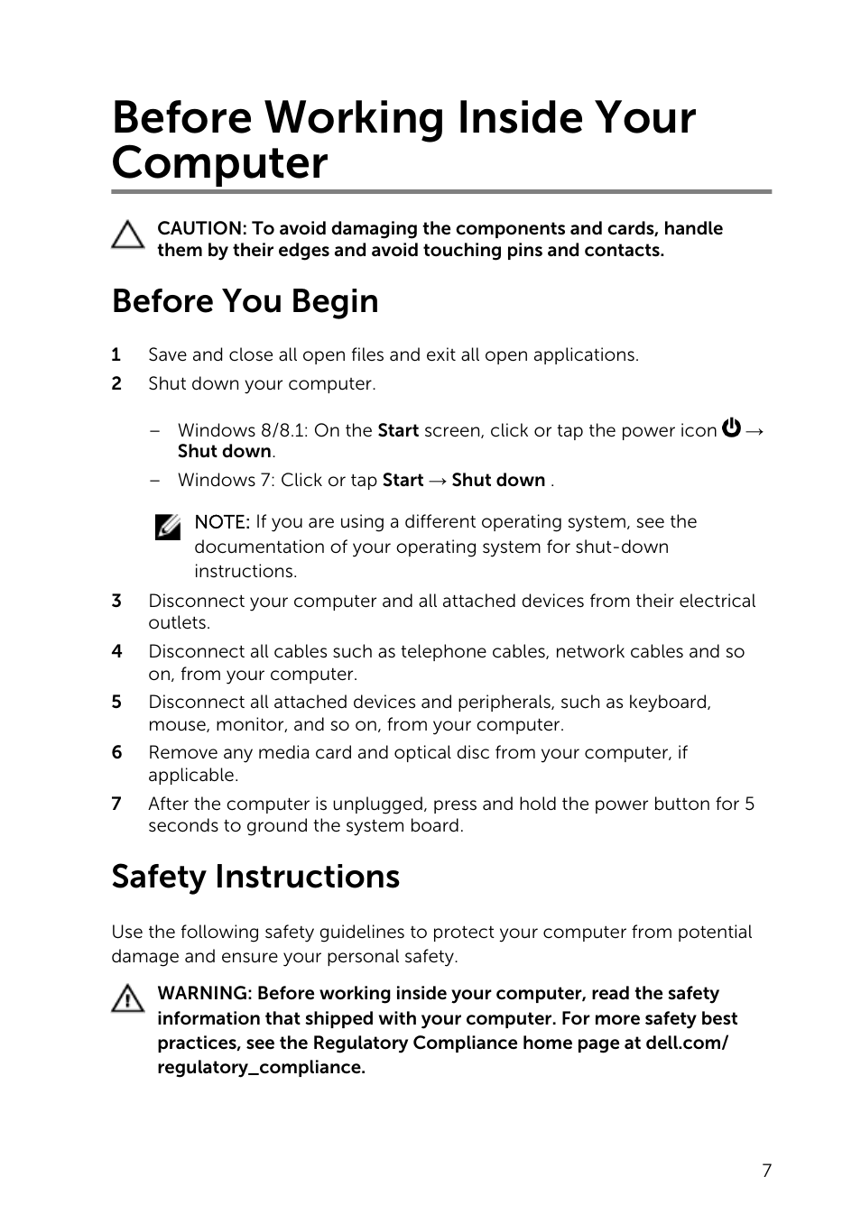 Before working inside your computer, Before you begin, Safety instructions | Dell Inspiron Small Desktop (3646, Mid 2014) User Manual | Page 7 / 57