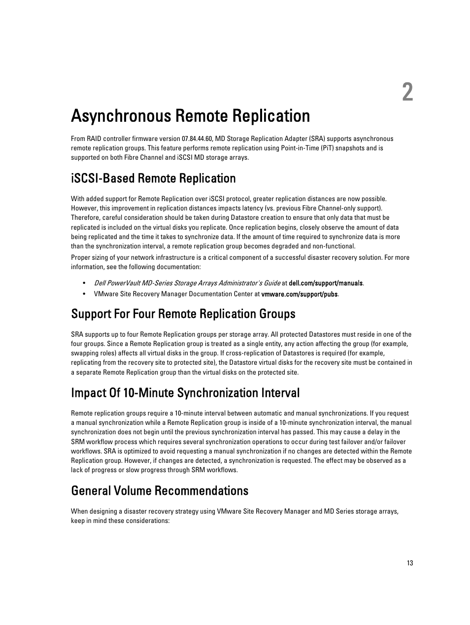 Asynchronous remote replication, Iscsi-based remote replication, Support for four remote replication groups | Impact of 10-minute synchronization interval, General volume recommendations, 2 asynchronous remote replication | Dell PowerVault MD3860i User Manual | Page 13 / 22