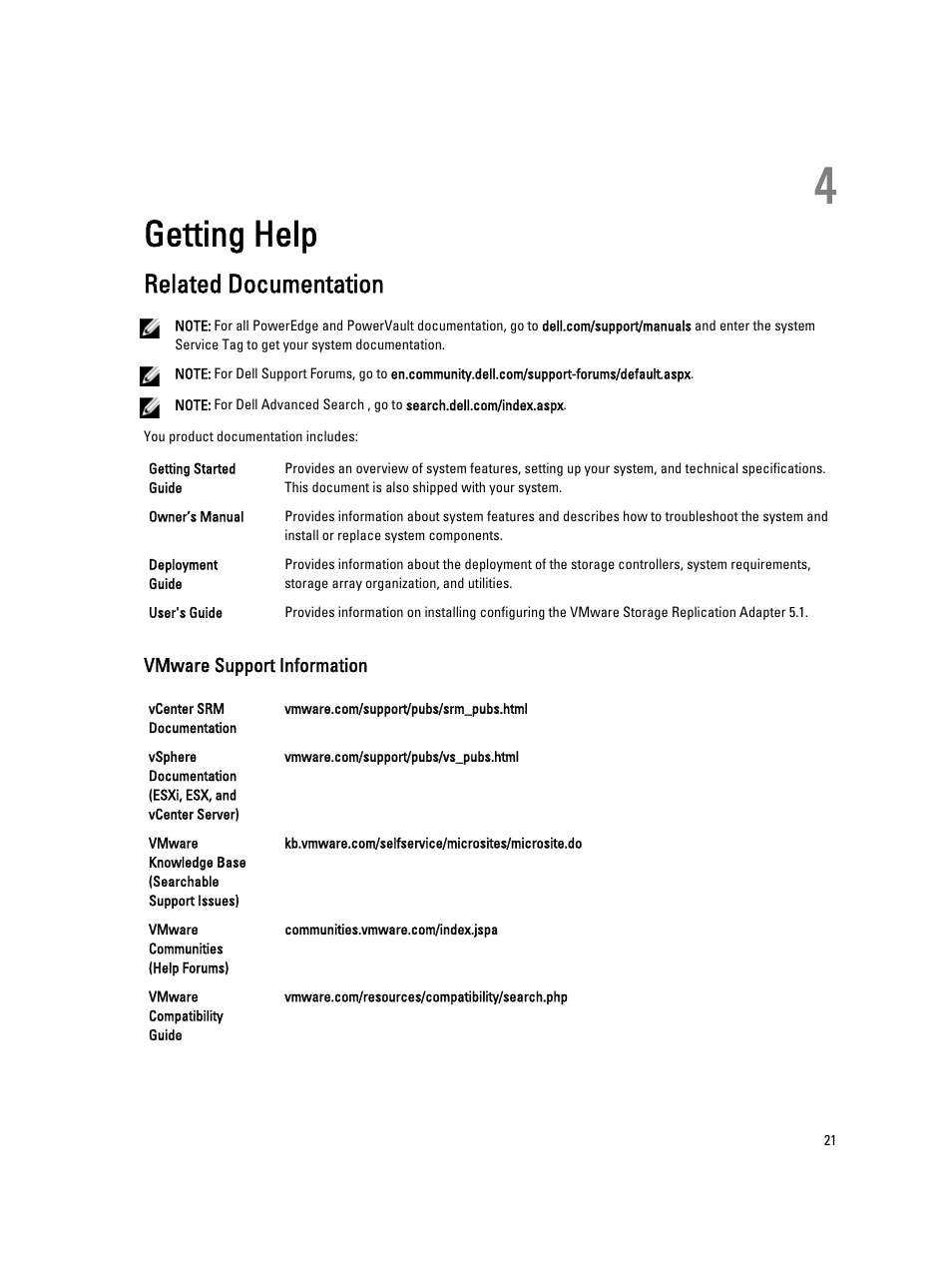 Getting help, Related documentation, Vmware support information | 4 getting help | Dell PowerVault MD3860i User Manual | Page 21 / 22