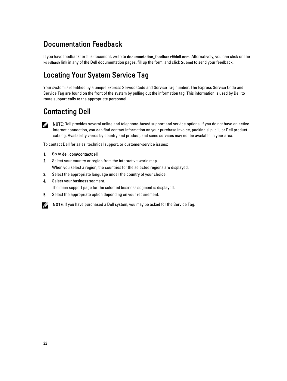 Documentation feedback, Locating your system service tag, Contacting dell | Dell PowerVault MD3860i User Manual | Page 22 / 22