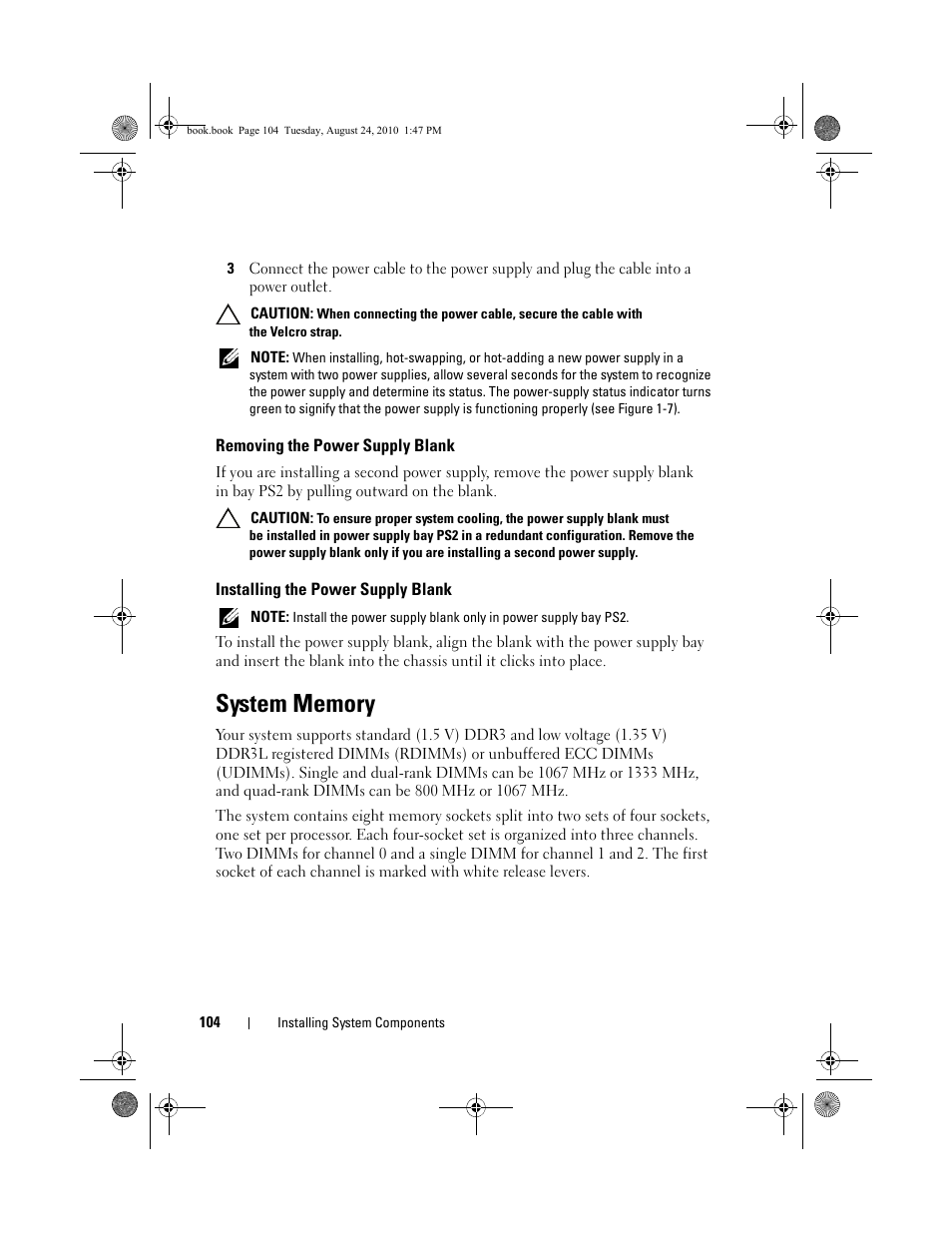 Removing the power supply blank, Installing the power supply blank, System memory | E "system, Een. see "system | Dell POWEREDGE R515 User Manual | Page 104 / 194
