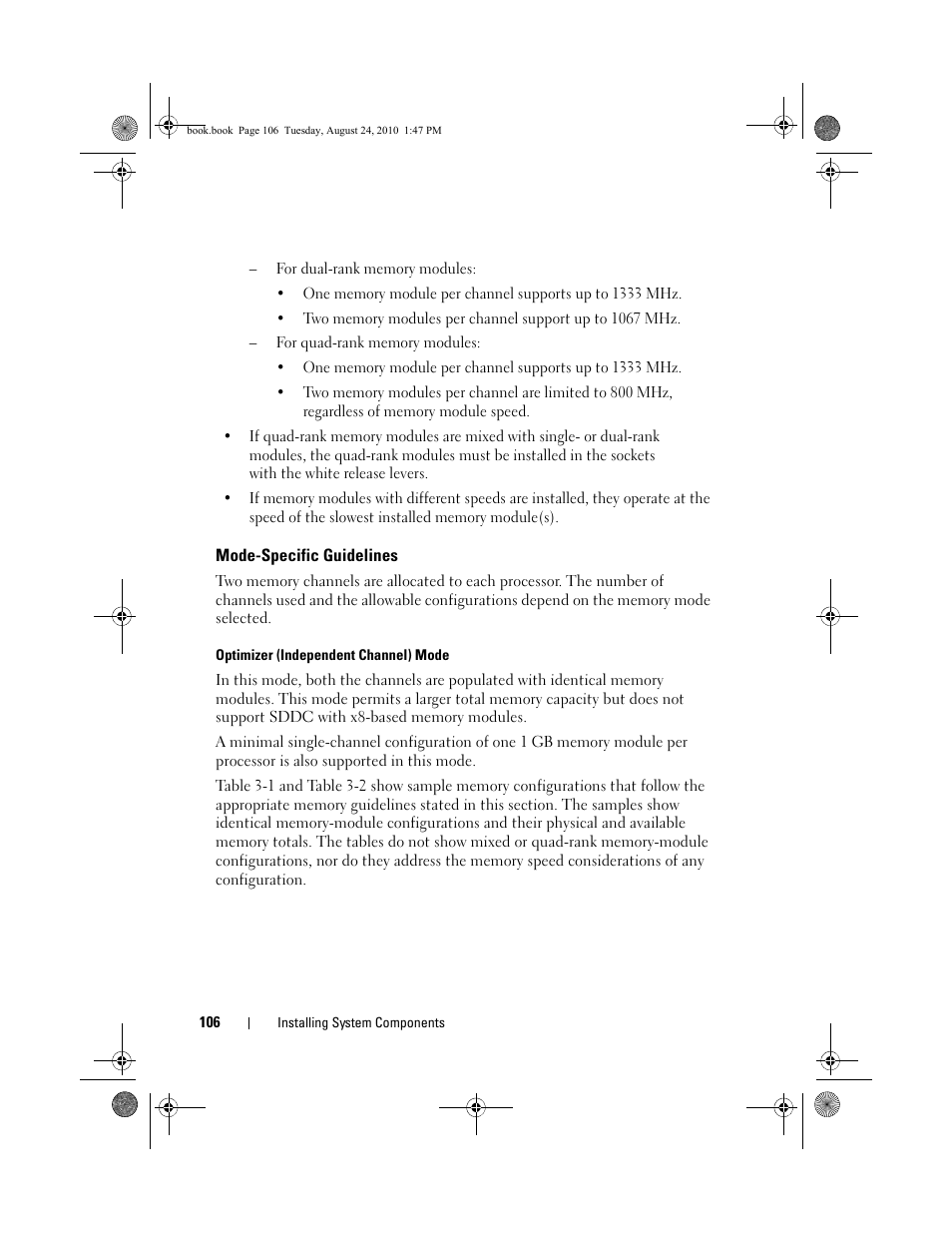 Mode-specific guidelines, Optimizer (independent channel) mode | Dell POWEREDGE R515 User Manual | Page 106 / 194