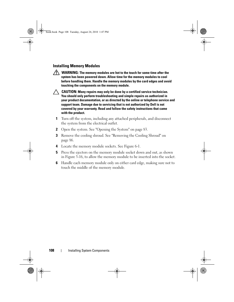 Installing memory modules, 4 locate the memory module sockets. see figure 6-1, Installing memory | Dell POWEREDGE R515 User Manual | Page 108 / 194