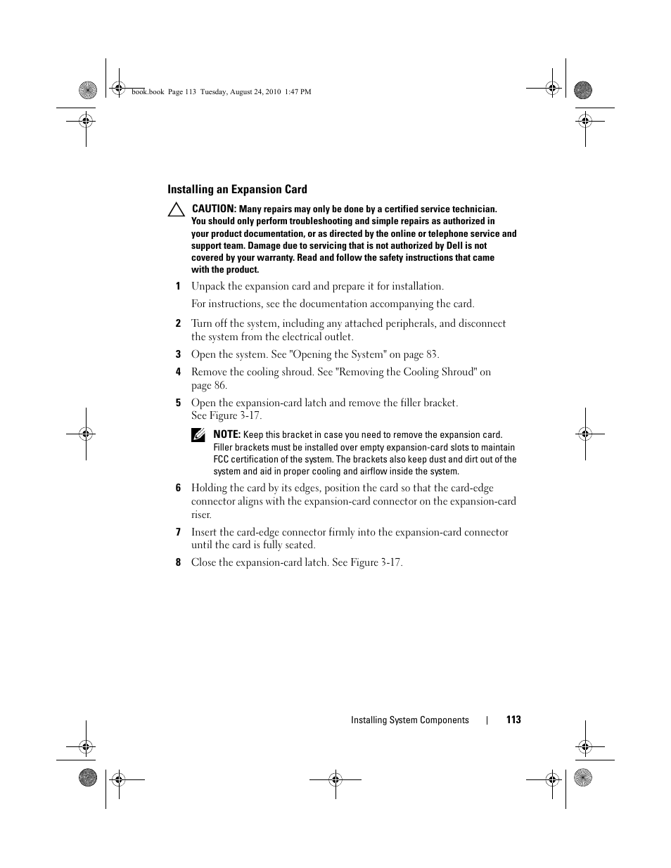 Installing an expansion card, 8 close the expansion-card latch. see figure 3-17 | Dell POWEREDGE R515 User Manual | Page 113 / 194
