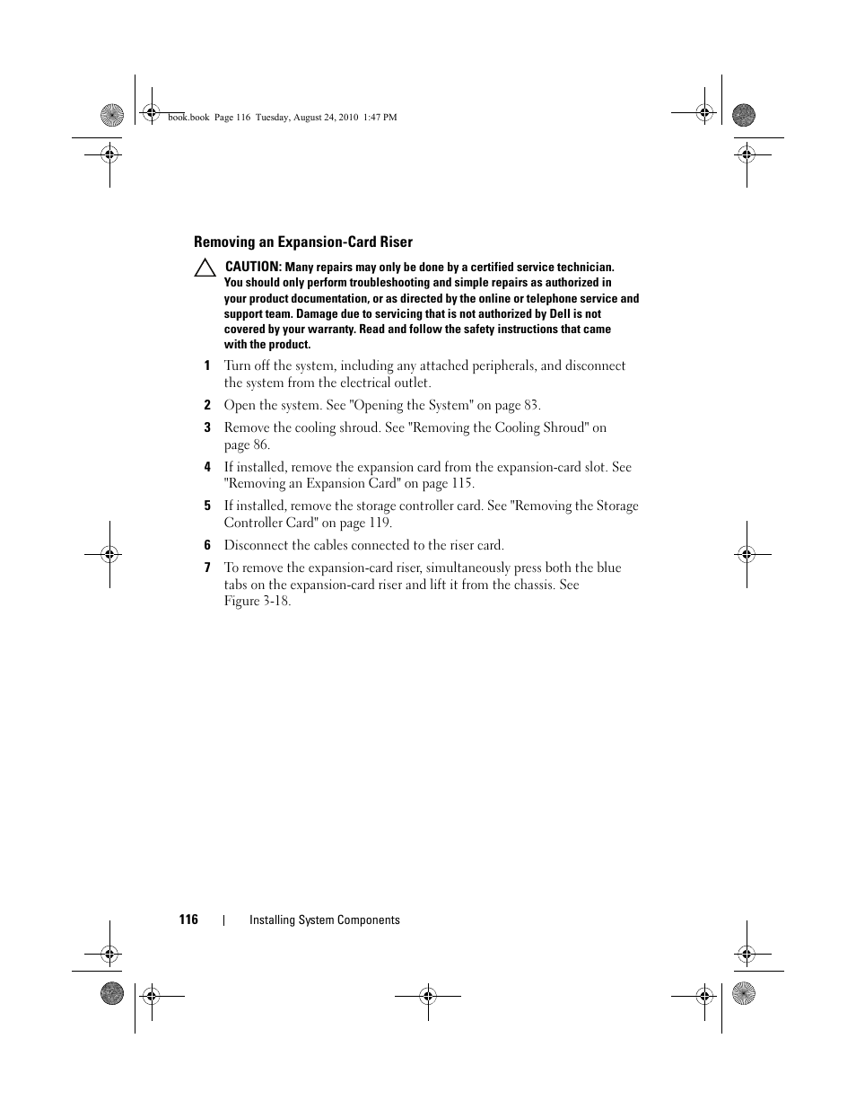 Removing an expansion-card riser | Dell POWEREDGE R515 User Manual | Page 116 / 194