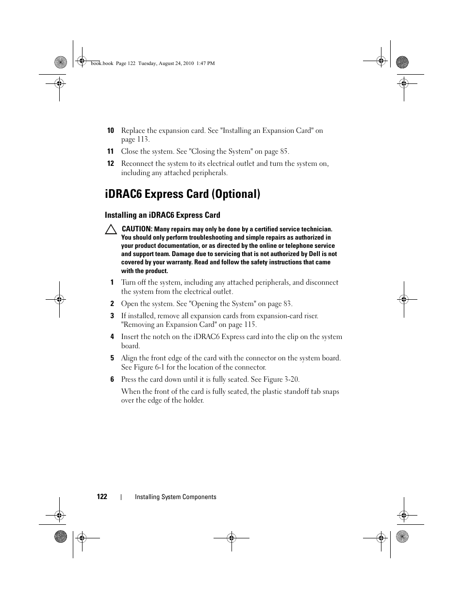 Idrac6 express card (optional), Installing an idrac6 express card | Dell POWEREDGE R515 User Manual | Page 122 / 194