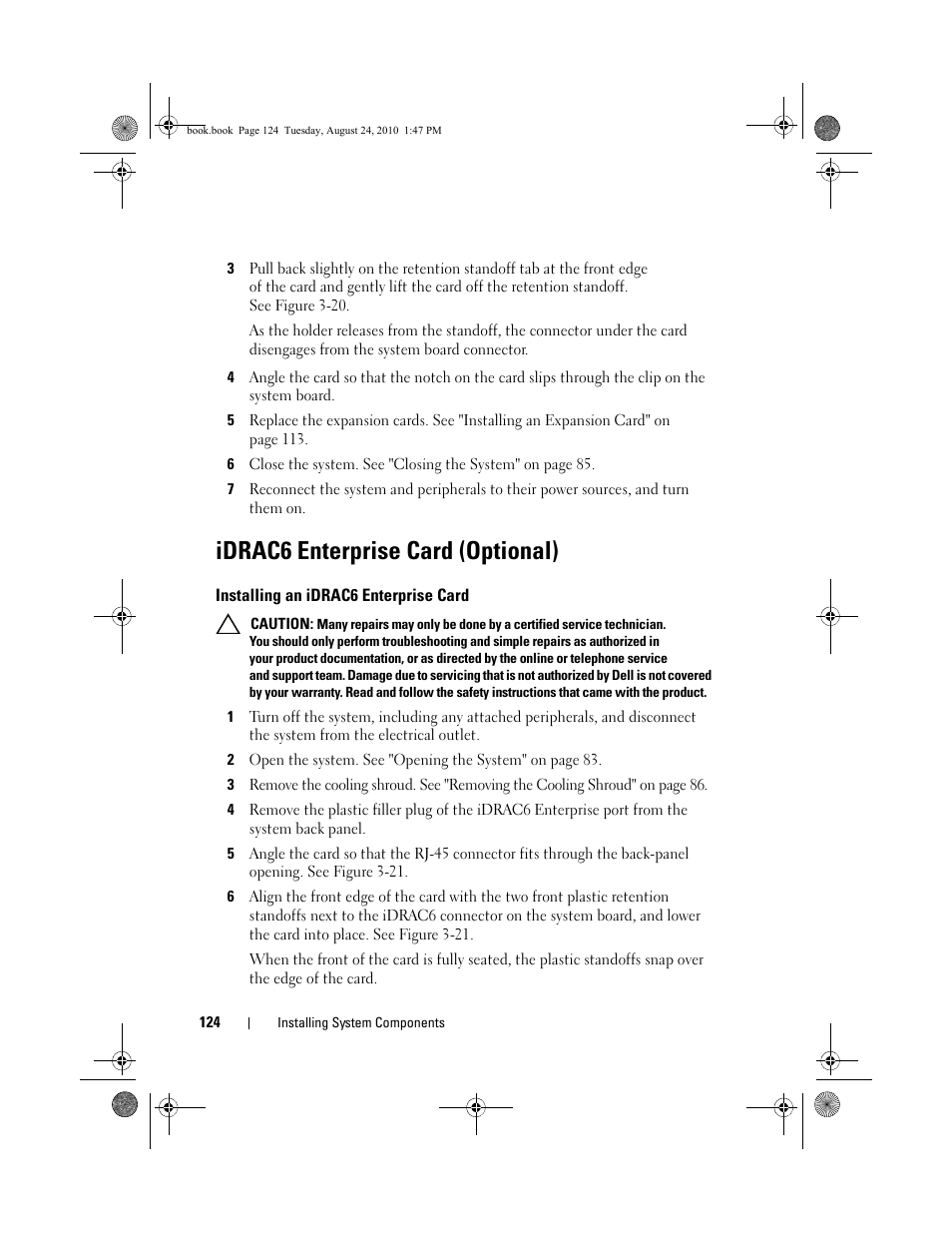 Idrac6 enterprise card (optional), Installing an idrac6 enterprise card | Dell POWEREDGE R515 User Manual | Page 124 / 194