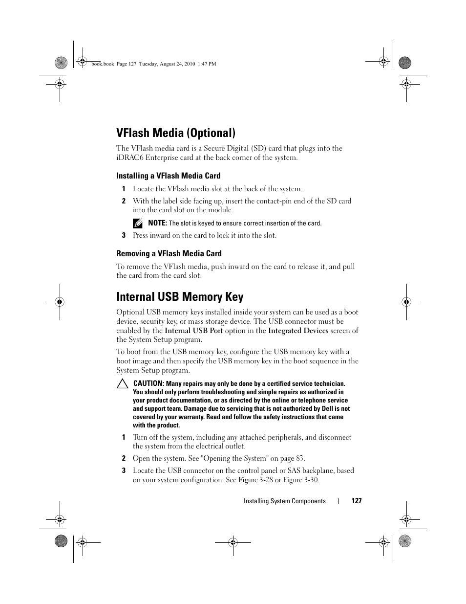 Vflash media (optional), Installing a vflash media card, Removing a vflash media card | Internal usb memory key | Dell POWEREDGE R515 User Manual | Page 127 / 194