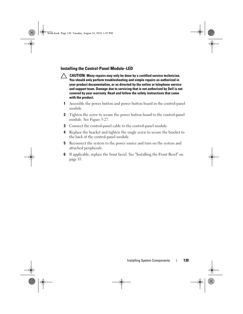 Installing the control-panel module-led, Installing the control-panel module–led | Dell POWEREDGE R515 User Manual | Page 139 / 194