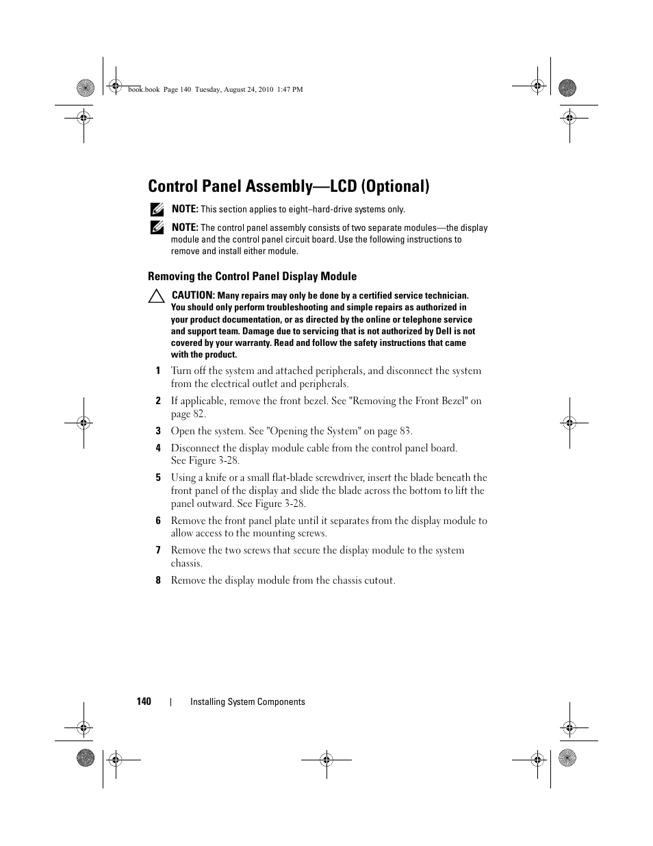Control panel assembly-lcd (optional), Removing the control panel display module, Control panel assembly—lcd (optional) | Removing the control panel display, Module | Dell POWEREDGE R515 User Manual | Page 140 / 194
