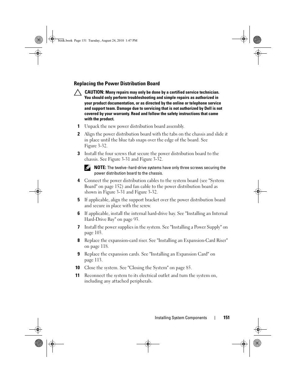 Replacing the power distribution board, 1 unpack the new power distribution board assembly | Dell POWEREDGE R515 User Manual | Page 151 / 194
