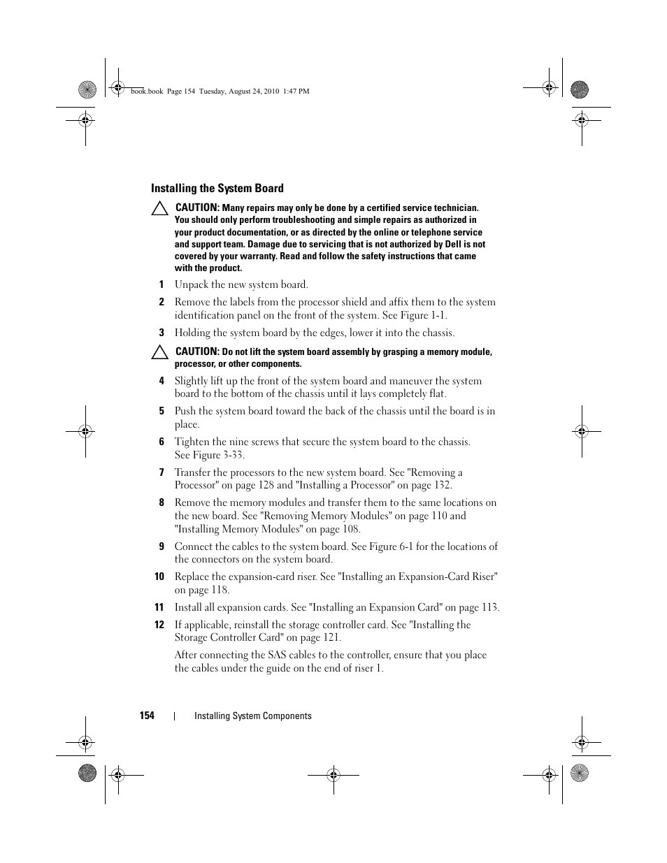 Installing the system board, 1 unpack the new system board | Dell POWEREDGE R515 User Manual | Page 154 / 194