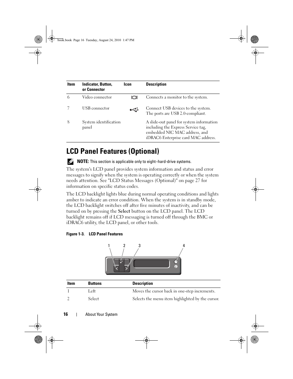 Lcd panel features (optional), Figure 1-3. lcd panel features | Dell POWEREDGE R515 User Manual | Page 16 / 194