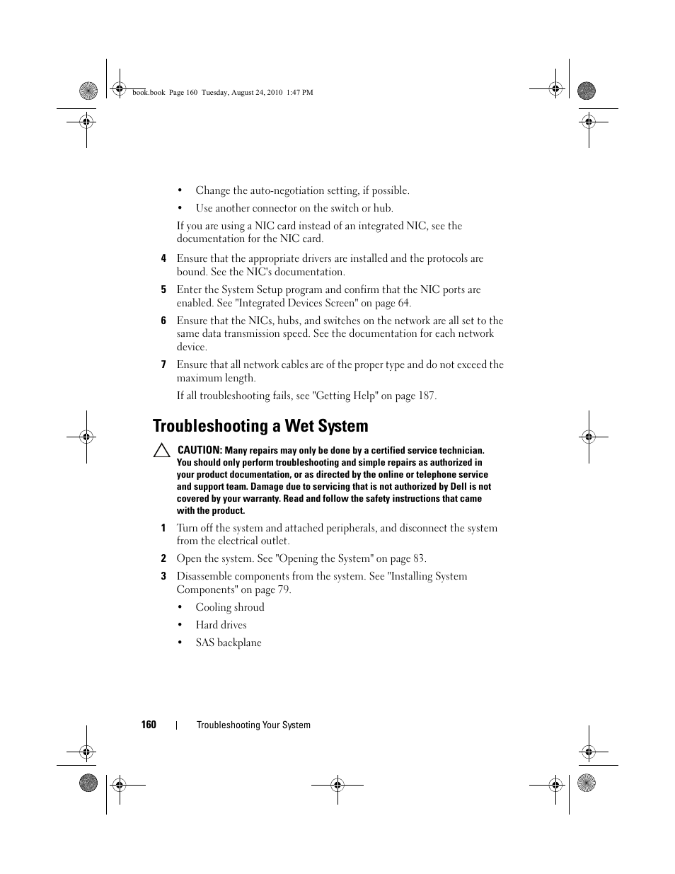 Troubleshooting a wet system | Dell POWEREDGE R515 User Manual | Page 160 / 194