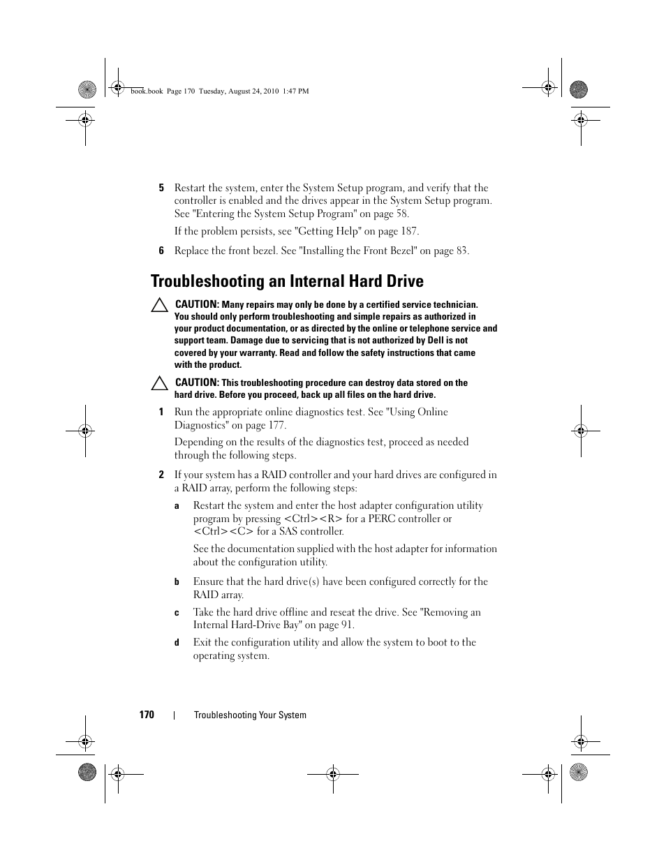 Troubleshooting an internal hard drive | Dell POWEREDGE R515 User Manual | Page 170 / 194
