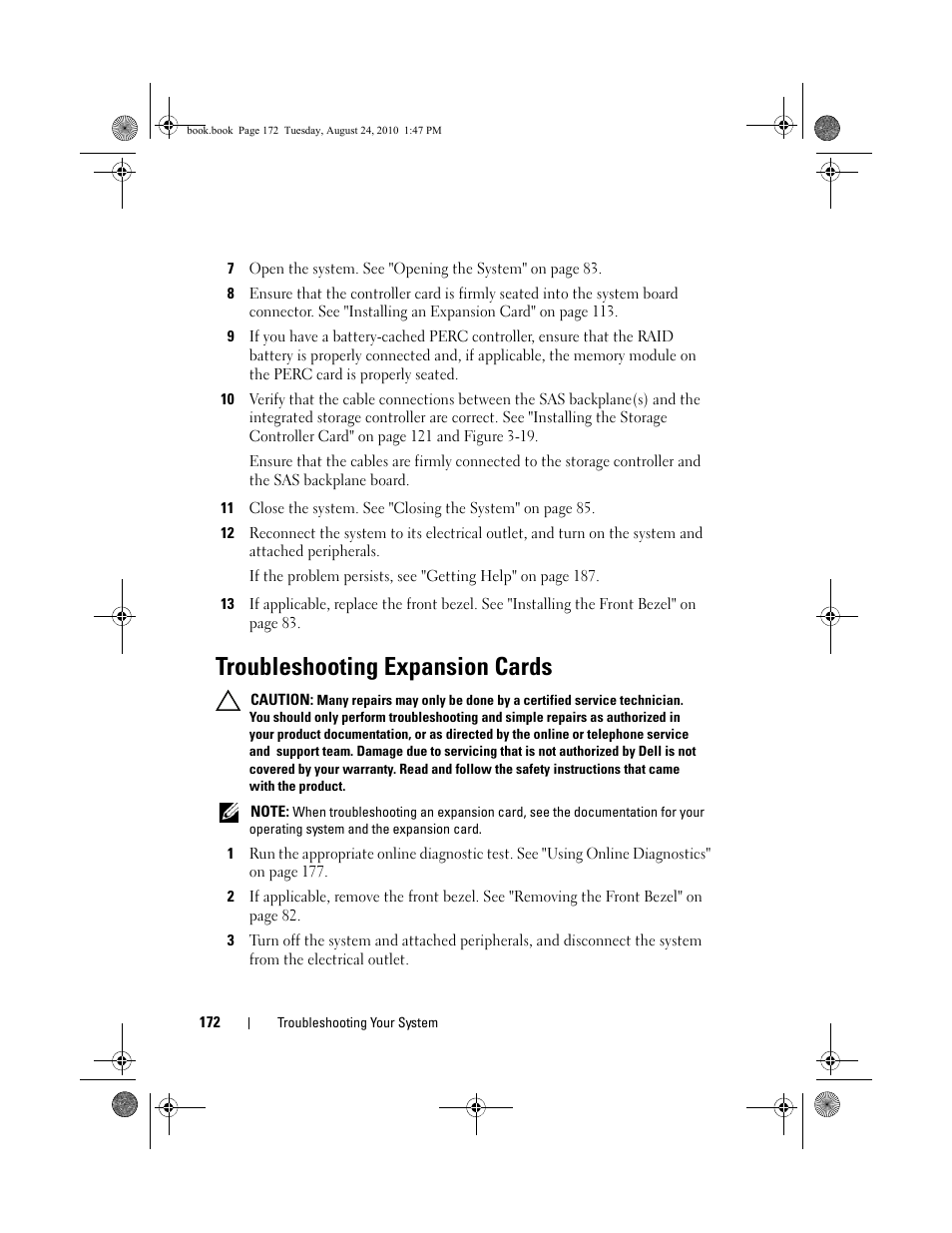 Troubleshooting expansion cards, E "troubleshooting expansion, See "troubleshooting | Expansion cards" on, Troubleshooting | Dell POWEREDGE R515 User Manual | Page 172 / 194