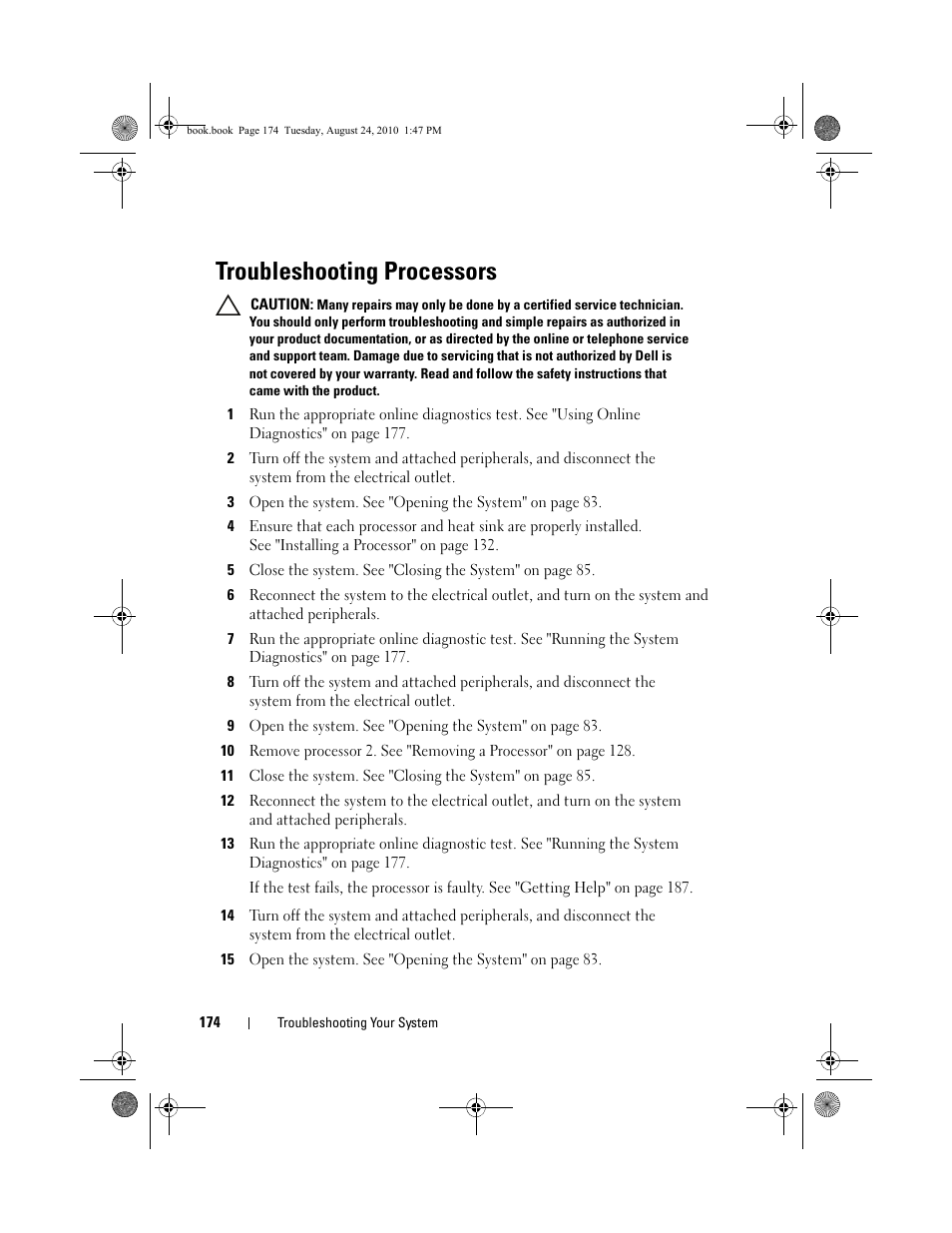Troubleshooting processors, See "troubleshooting, E "troubleshooting | Troubleshooting | Dell POWEREDGE R515 User Manual | Page 174 / 194