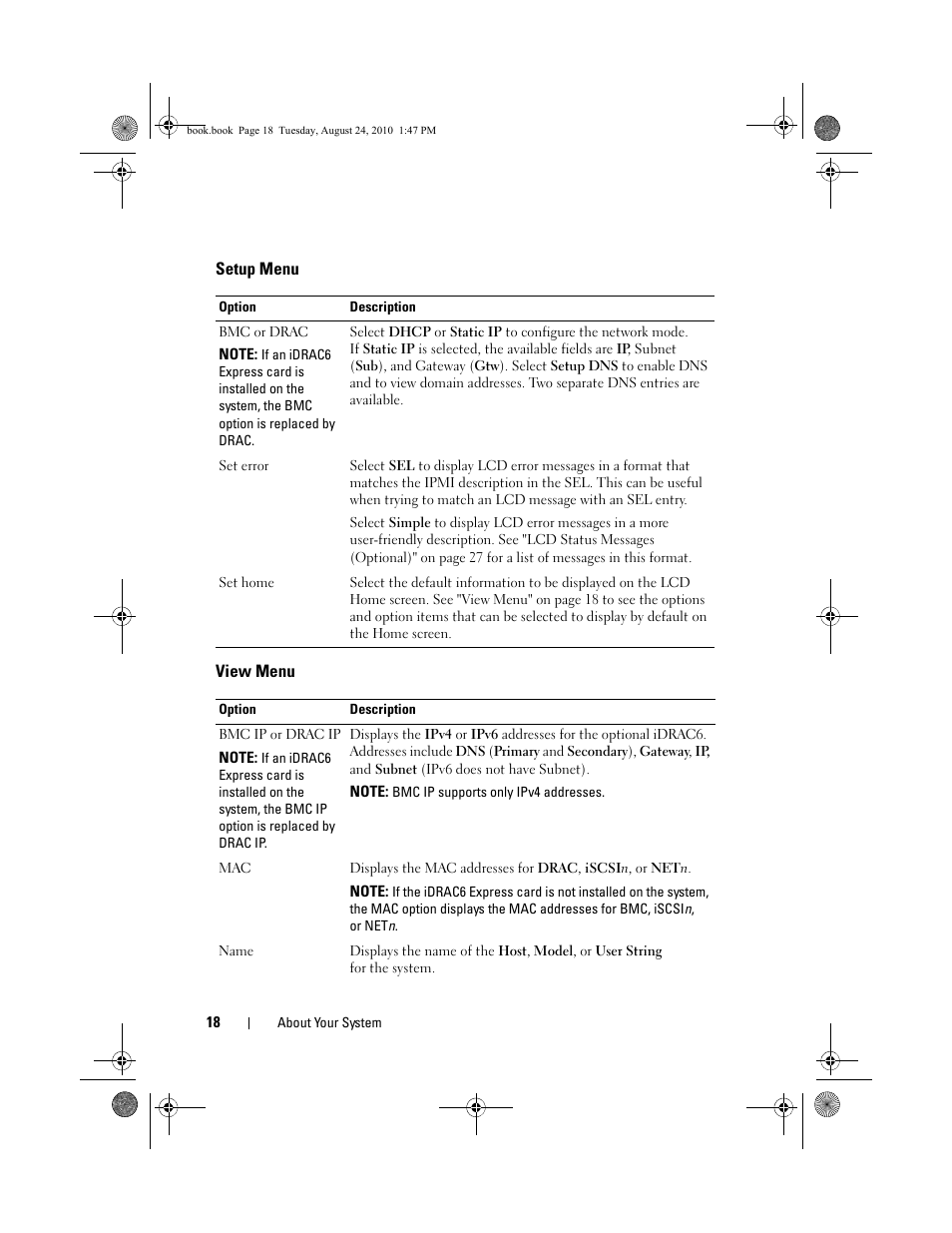 Setup menu, View menu | Dell POWEREDGE R515 User Manual | Page 18 / 194