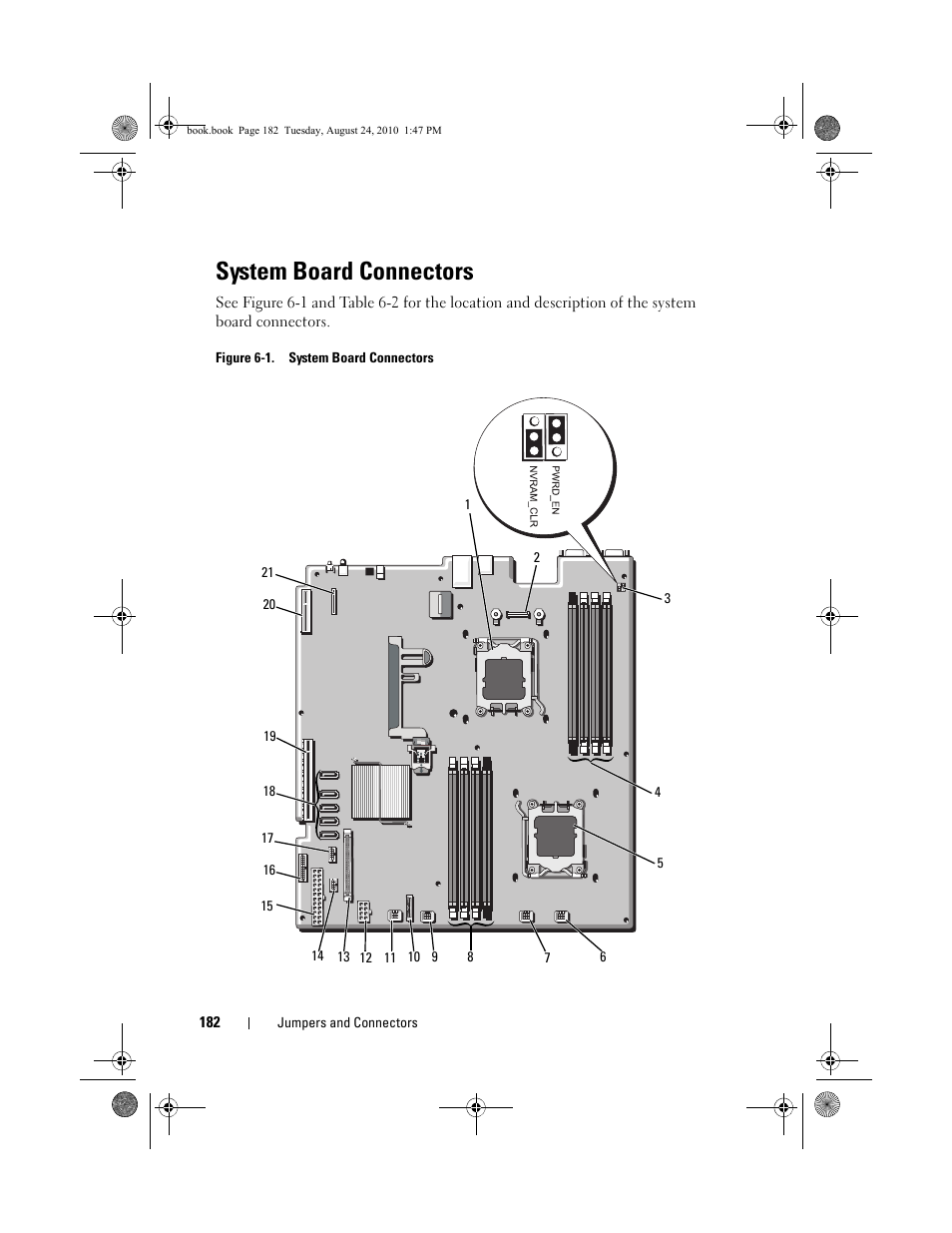 System board connectors, Figure 6-1. system board connectors, Figure 6-1 for jump | Figure 6-1 for, See figure 6-1, E figure 6-1, D. see figure 6-1 for the locations of | Dell POWEREDGE R515 User Manual | Page 182 / 194