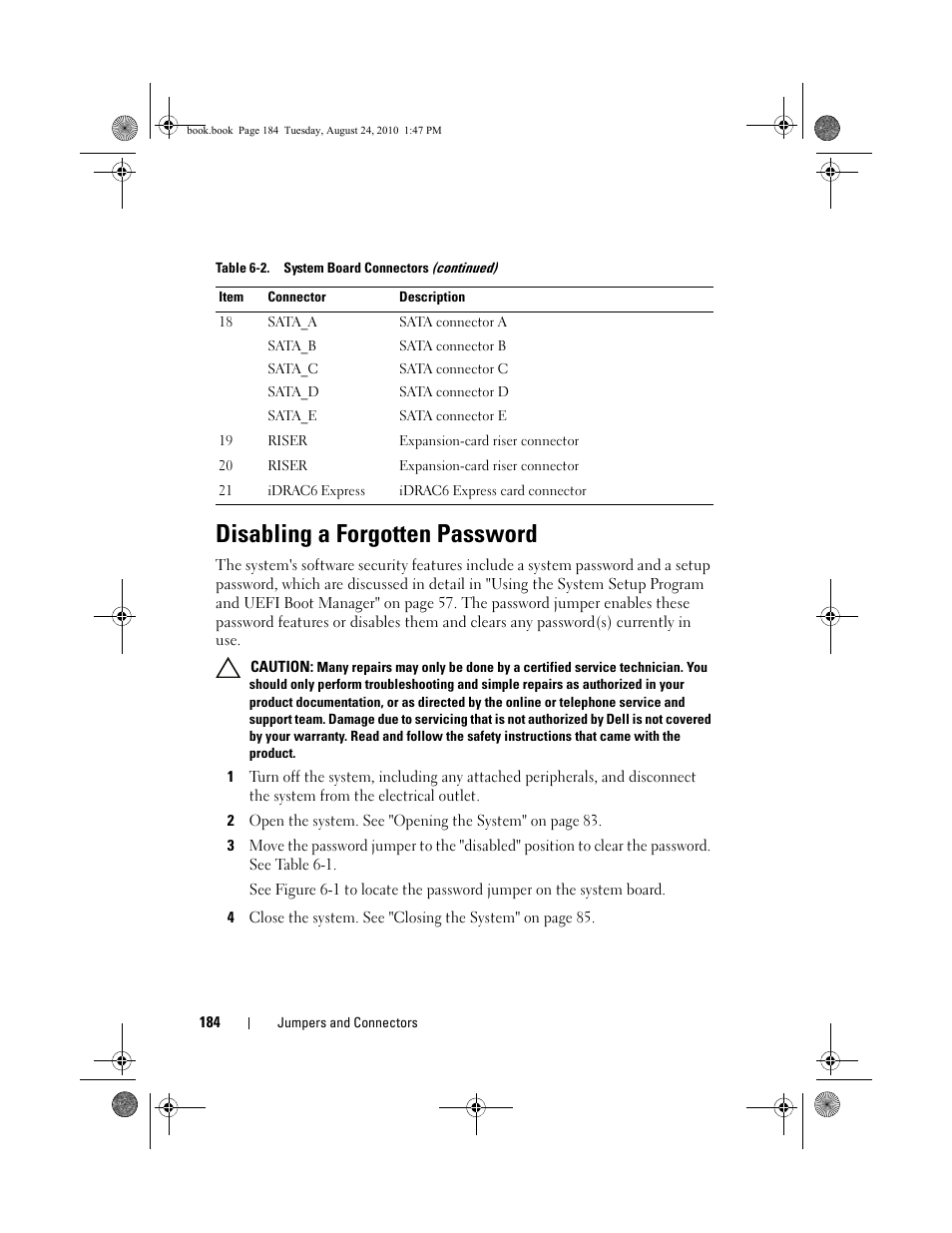 Disabling a forgotten password | Dell POWEREDGE R515 User Manual | Page 184 / 194