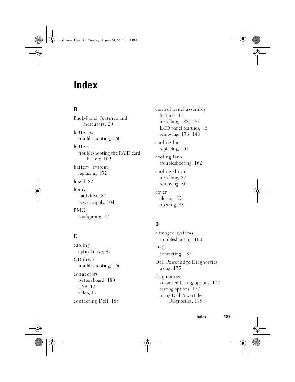 Index | Dell POWEREDGE R515 User Manual | Page 189 / 194