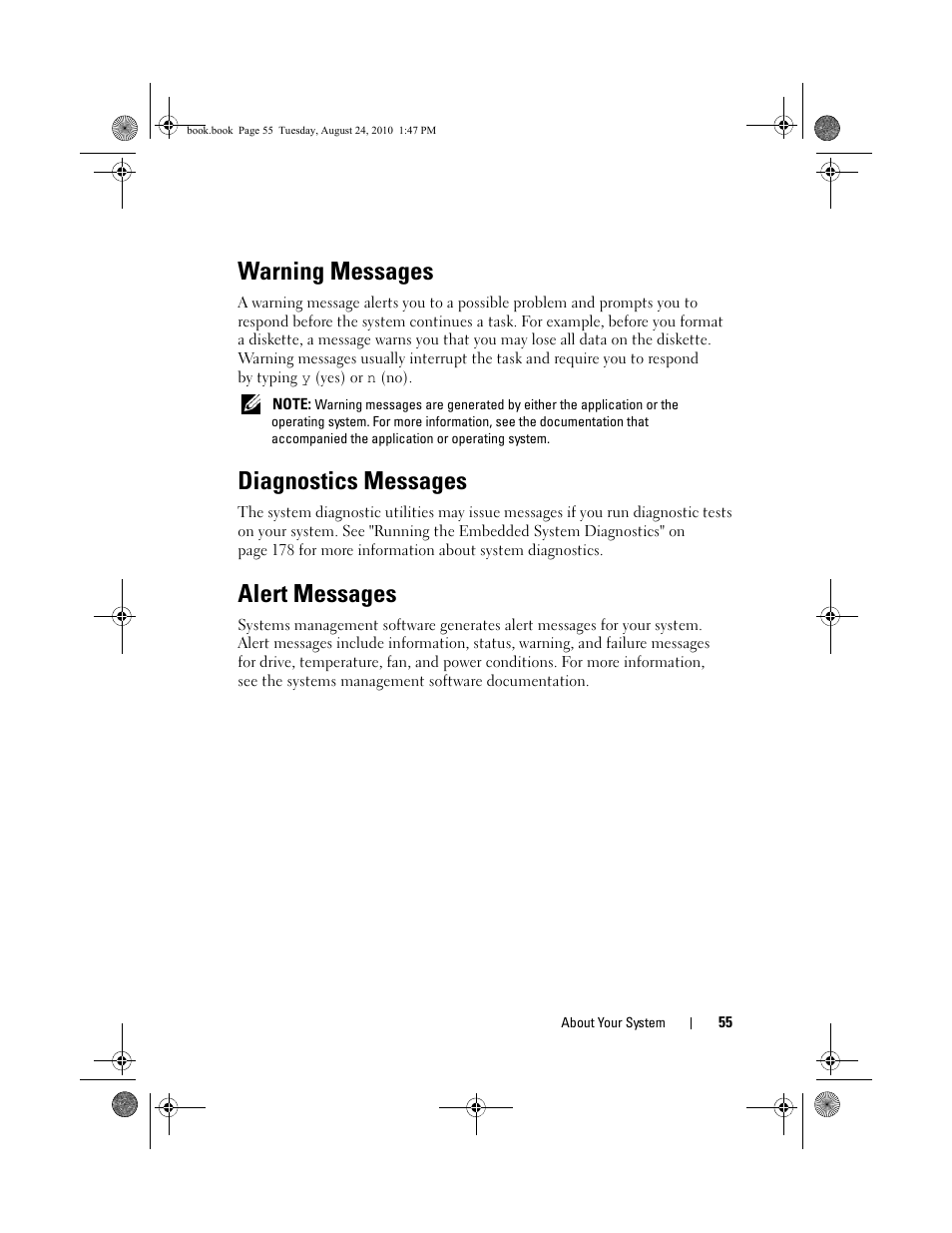 Warning messages, Diagnostics messages, Alert messages | Dell POWEREDGE R515 User Manual | Page 55 / 194