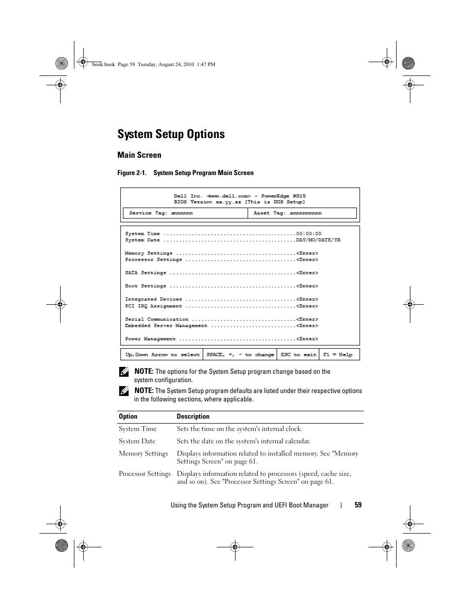 System setup options, Main screen, Figure 2-1. system setup program main screen | Dell POWEREDGE R515 User Manual | Page 59 / 194