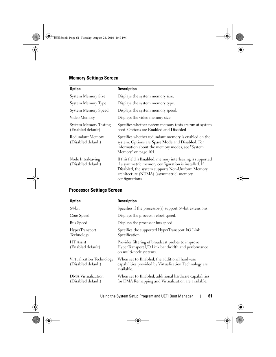 Memory settings screen, Processor settings screen | Dell POWEREDGE R515 User Manual | Page 61 / 194