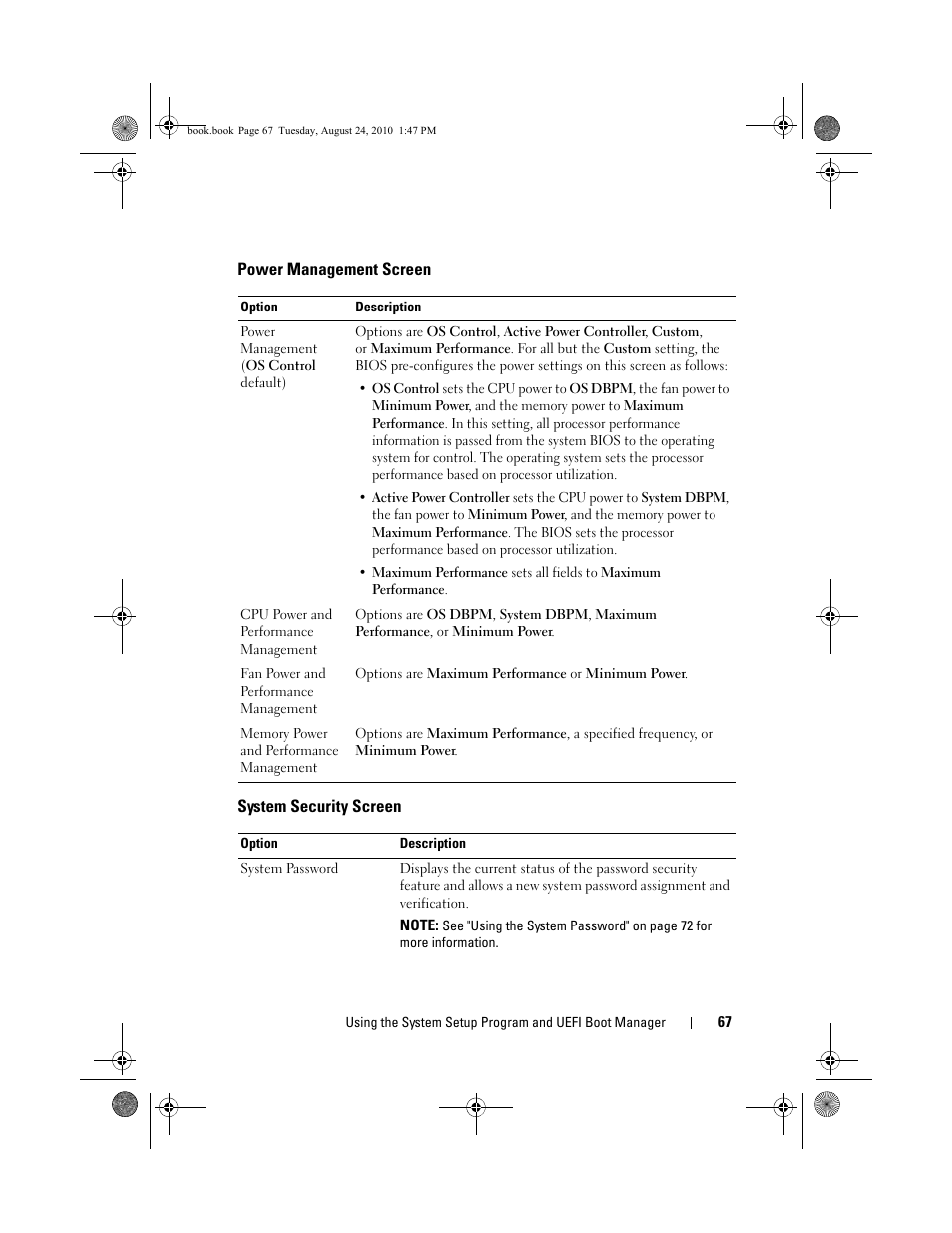 Power management screen, System security screen | Dell POWEREDGE R515 User Manual | Page 67 / 194