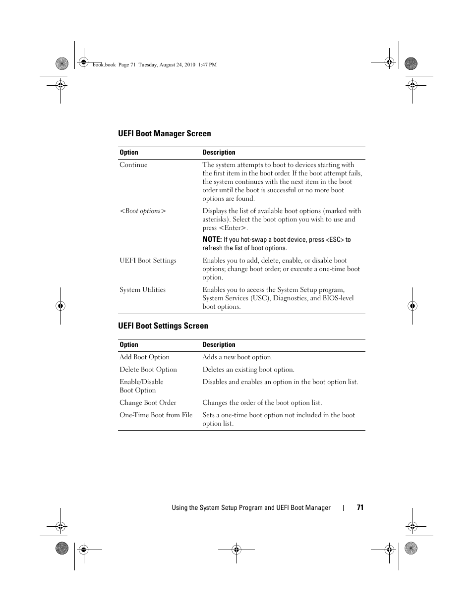 Uefi boot manager screen, Uefi boot settings screen | Dell POWEREDGE R515 User Manual | Page 71 / 194