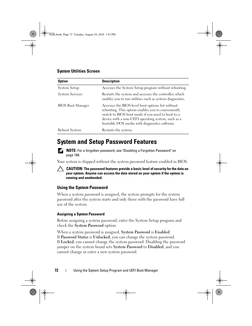System utilities screen, System and setup password features, Using the system password | Assigning a system password | Dell POWEREDGE R515 User Manual | Page 72 / 194